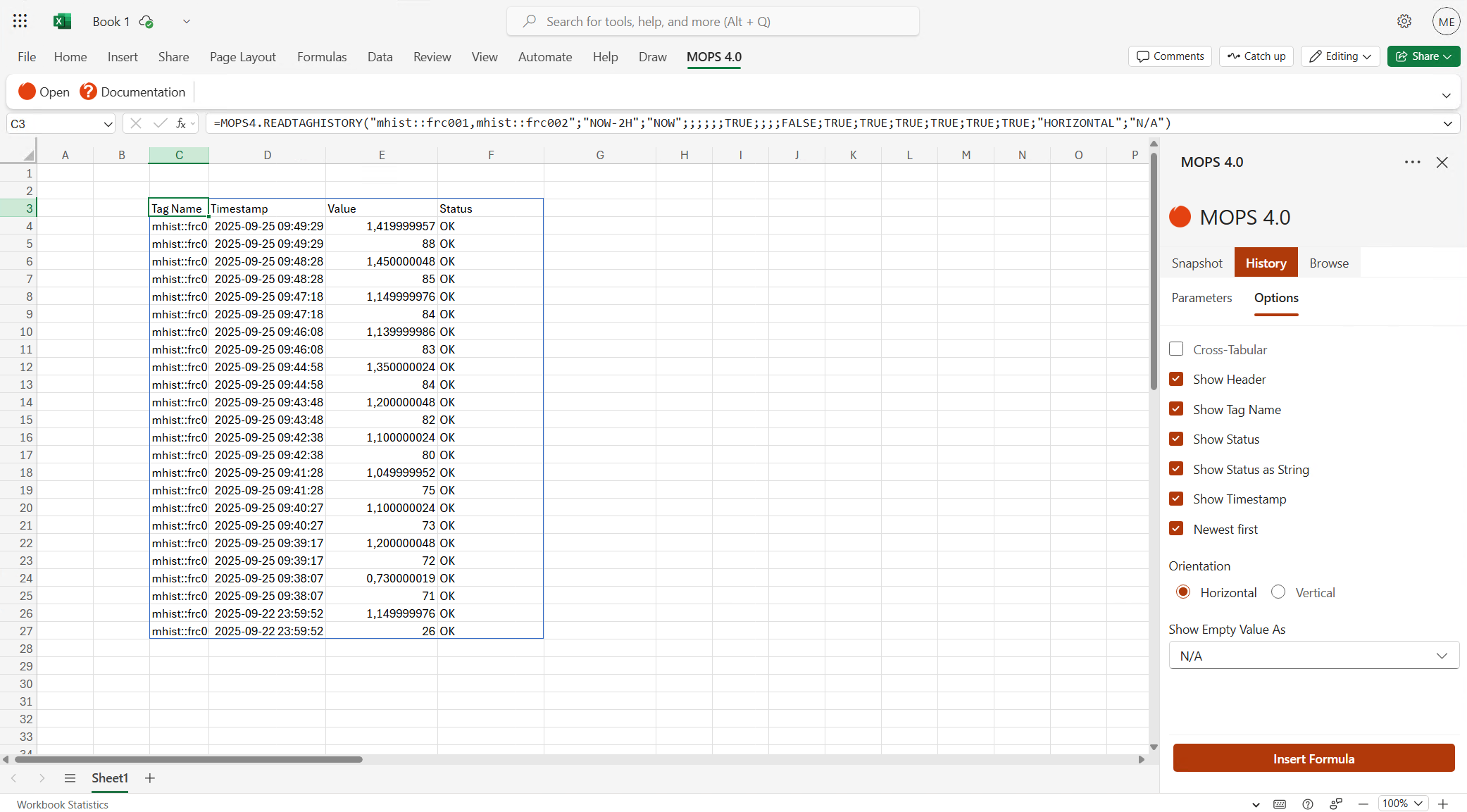 Horizontal presentation of inserted data