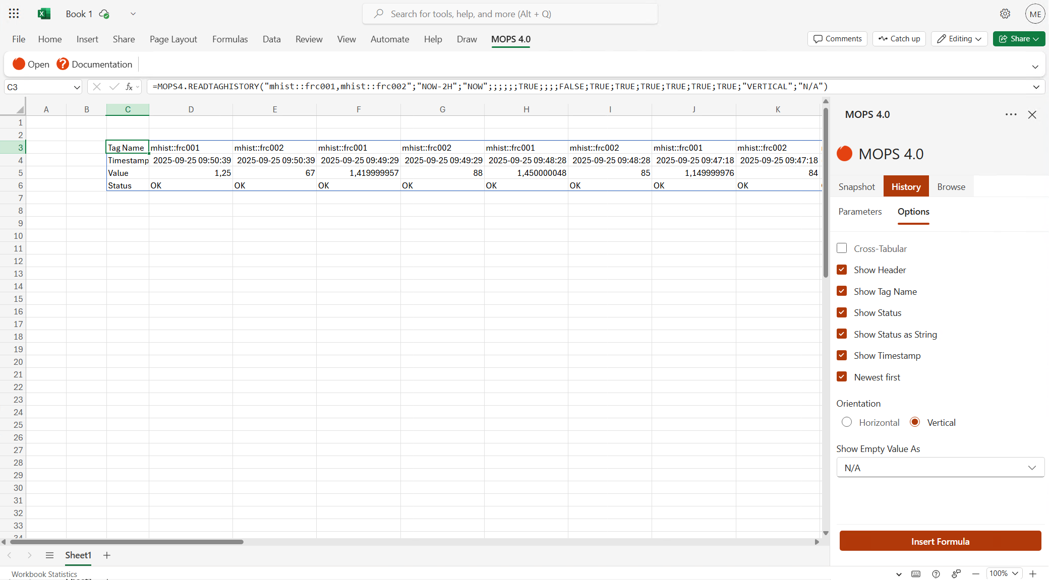 Vertical presentation of inserted data