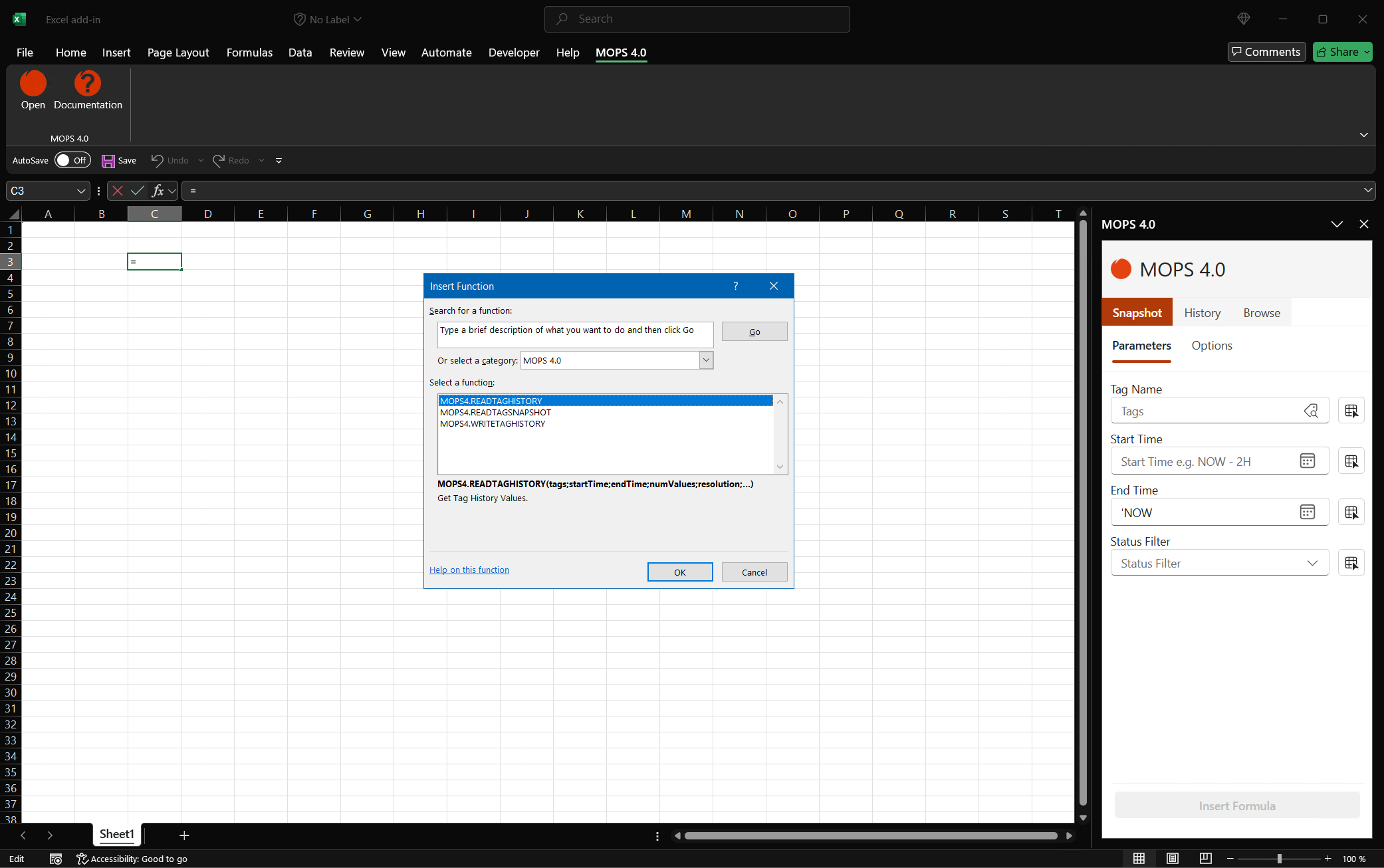 MOPS 4.0 Excel Add-In Desktop User Interface
