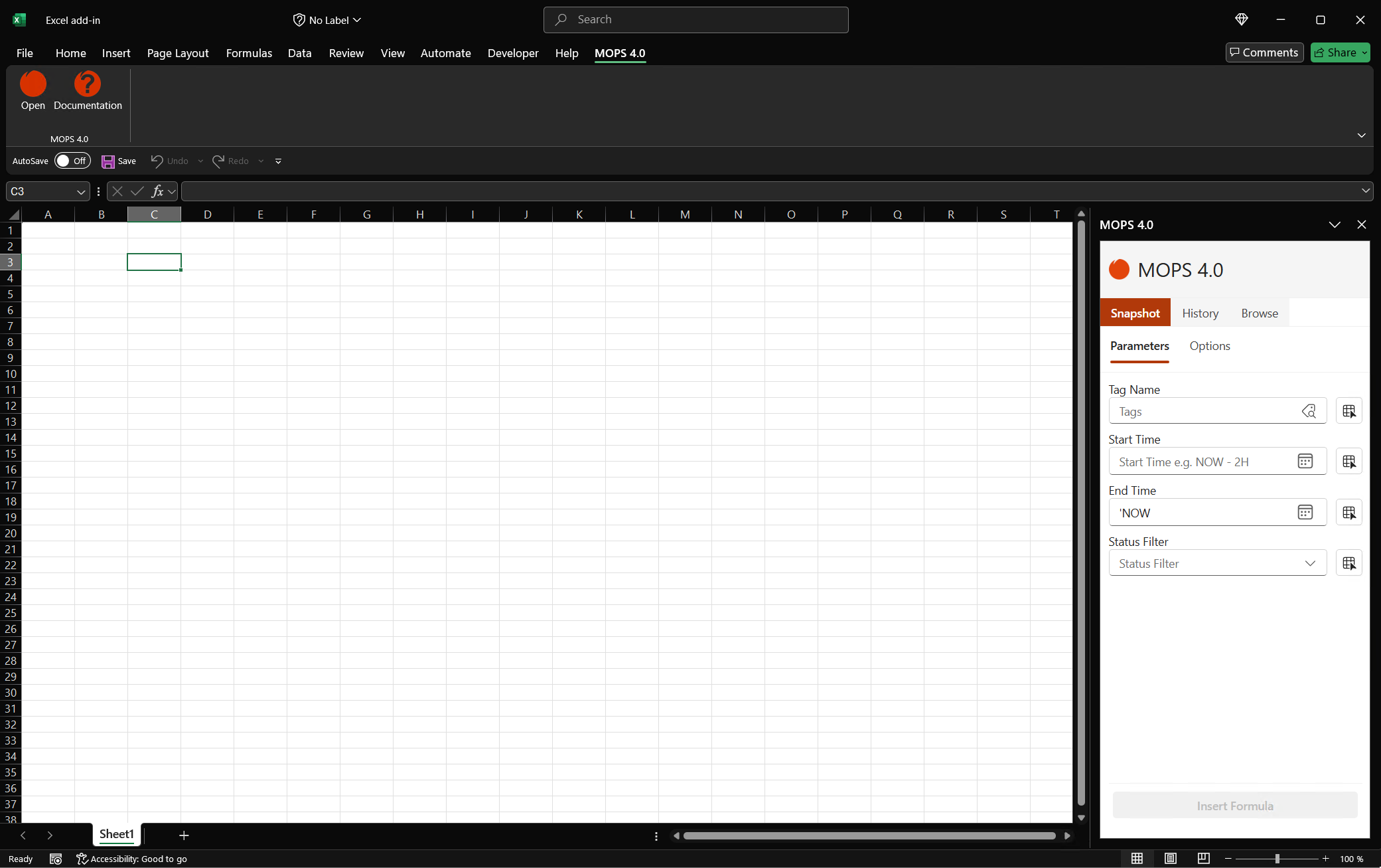 MOPS 4.0 Excel Add-In Desktop User Interface